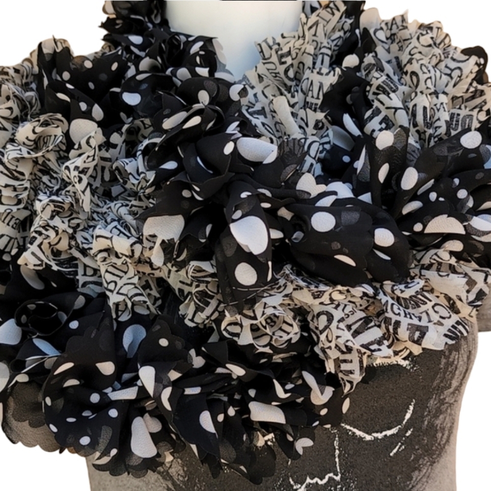 Vintage Handmade Chiffon Pom Pom Scarf Two Scarves Shreds Polka Dots US Cities - Picture 3 of 16